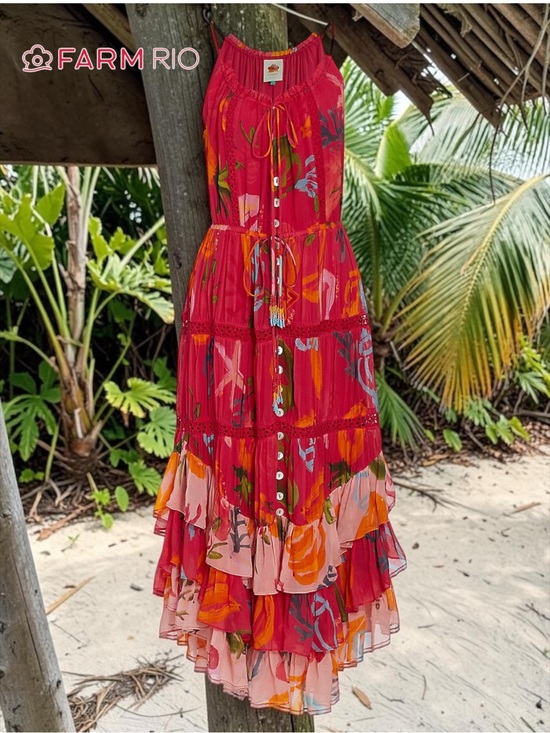 FARM Rio Dresses & Skirts - FARM Rio Mixed Fruits Ocean Maxi Dress Tropical Tiered Ruffle Sz L NWOT